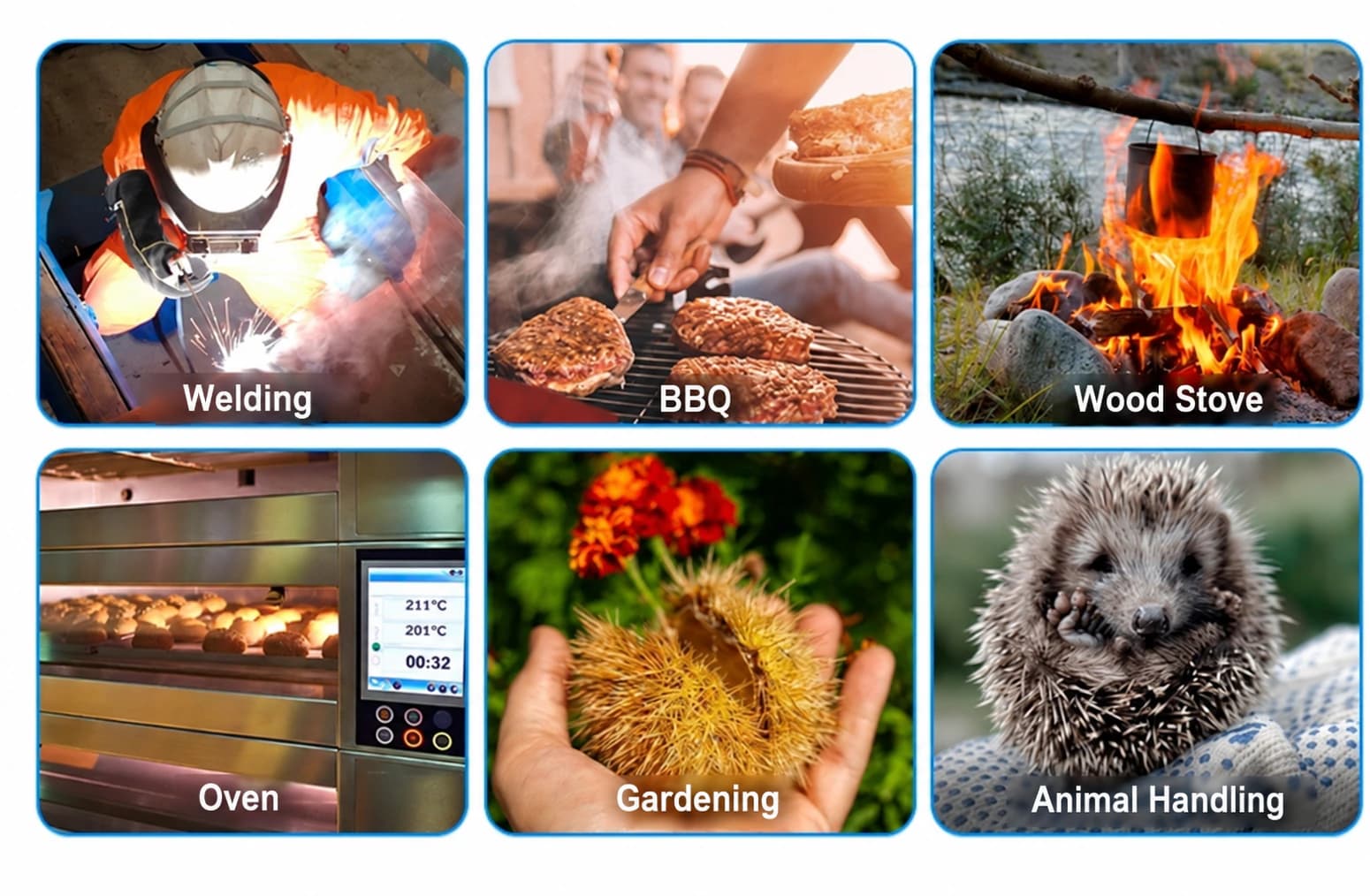 Source-listed applications including welding, BBQ, ovens, gardening and animal handling