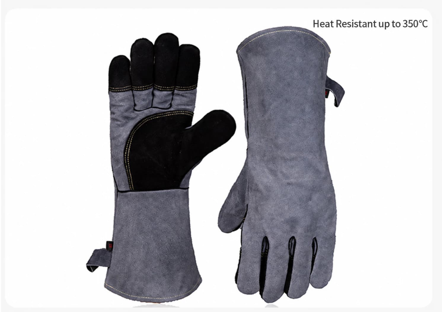 Palm and back views with source heat-resistance claim up to 350 degrees Celsius