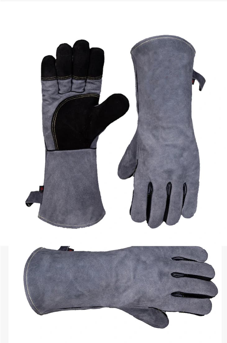 Multiple views of the black and gray long-cuff glove pair