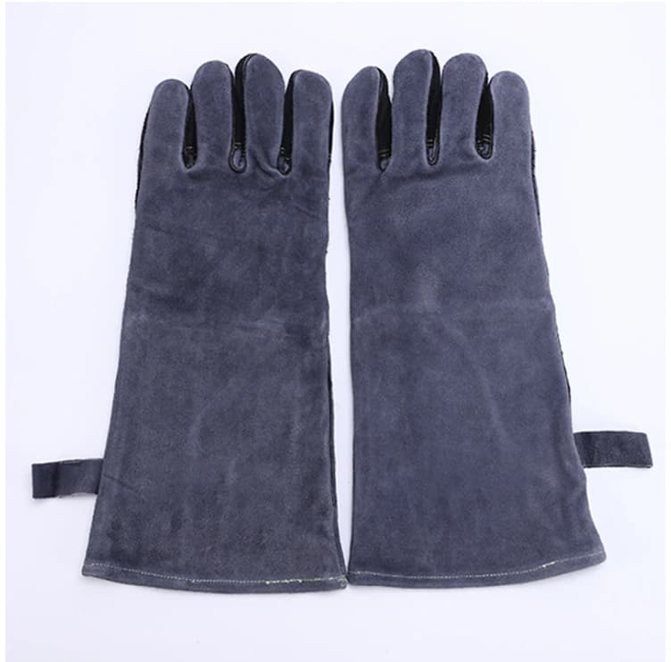 Back-side pair view of gray cow split leather gloves