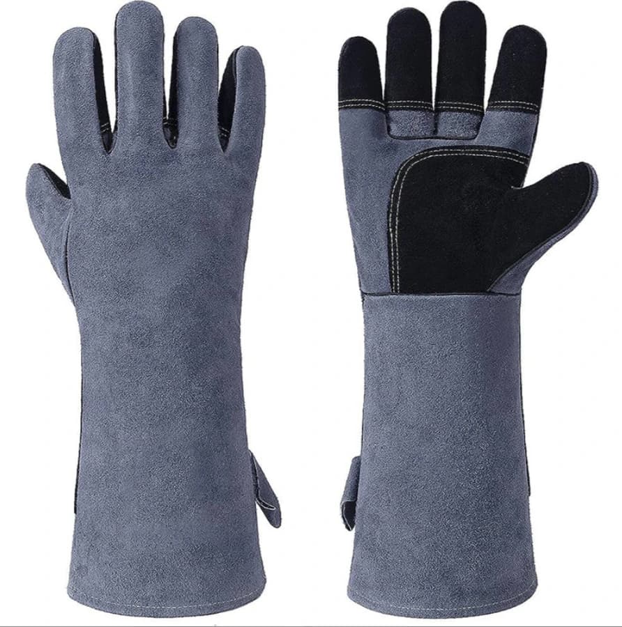 Black and gray cow split leather heat-resistant gloves, palm and back views