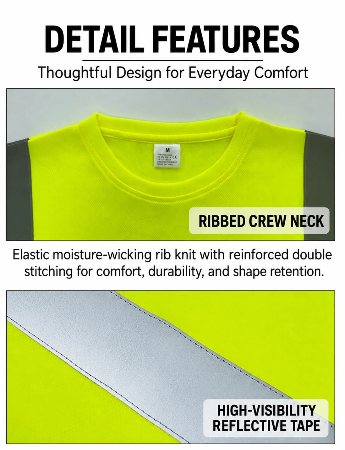 Ribbed collar and reflective tape close-up