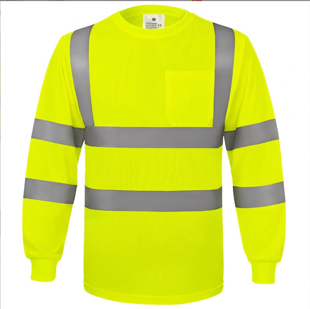 Fluorescent yellow long sleeve reflective work shirt, front view