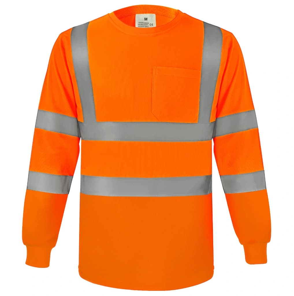 Fluorescent orange long sleeve reflective work shirt, front view