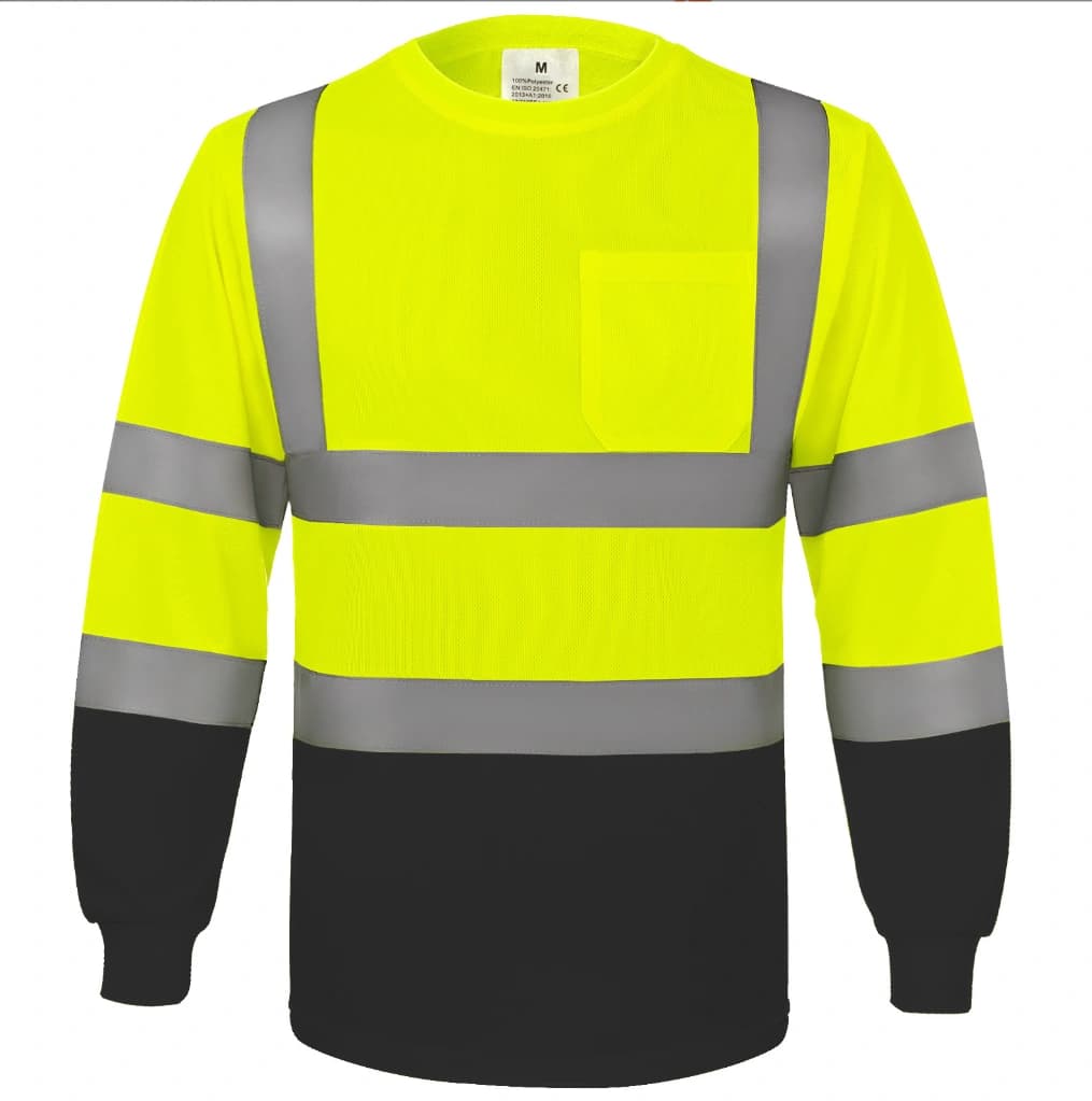 Fluorescent yellow and black long sleeve reflective work shirt, front view