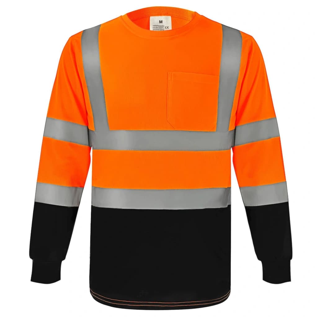 Fluorescent orange and black long sleeve reflective work shirt, front view
