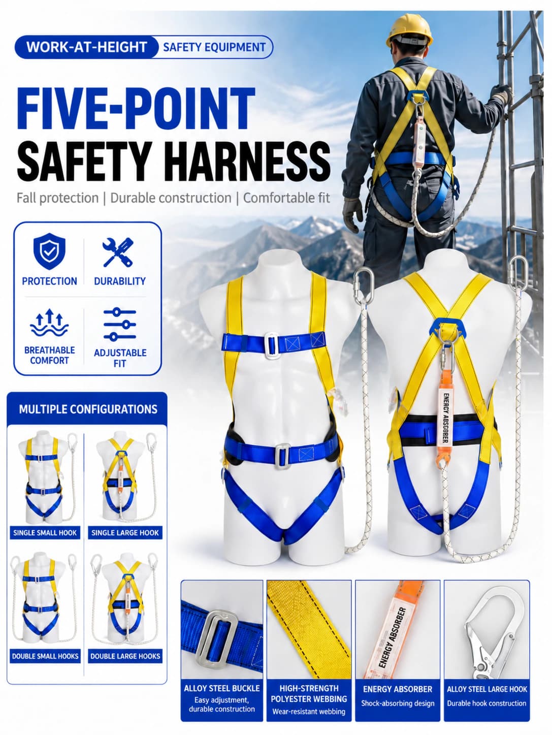Five-point safety harness, four lanyard configurations and construction details