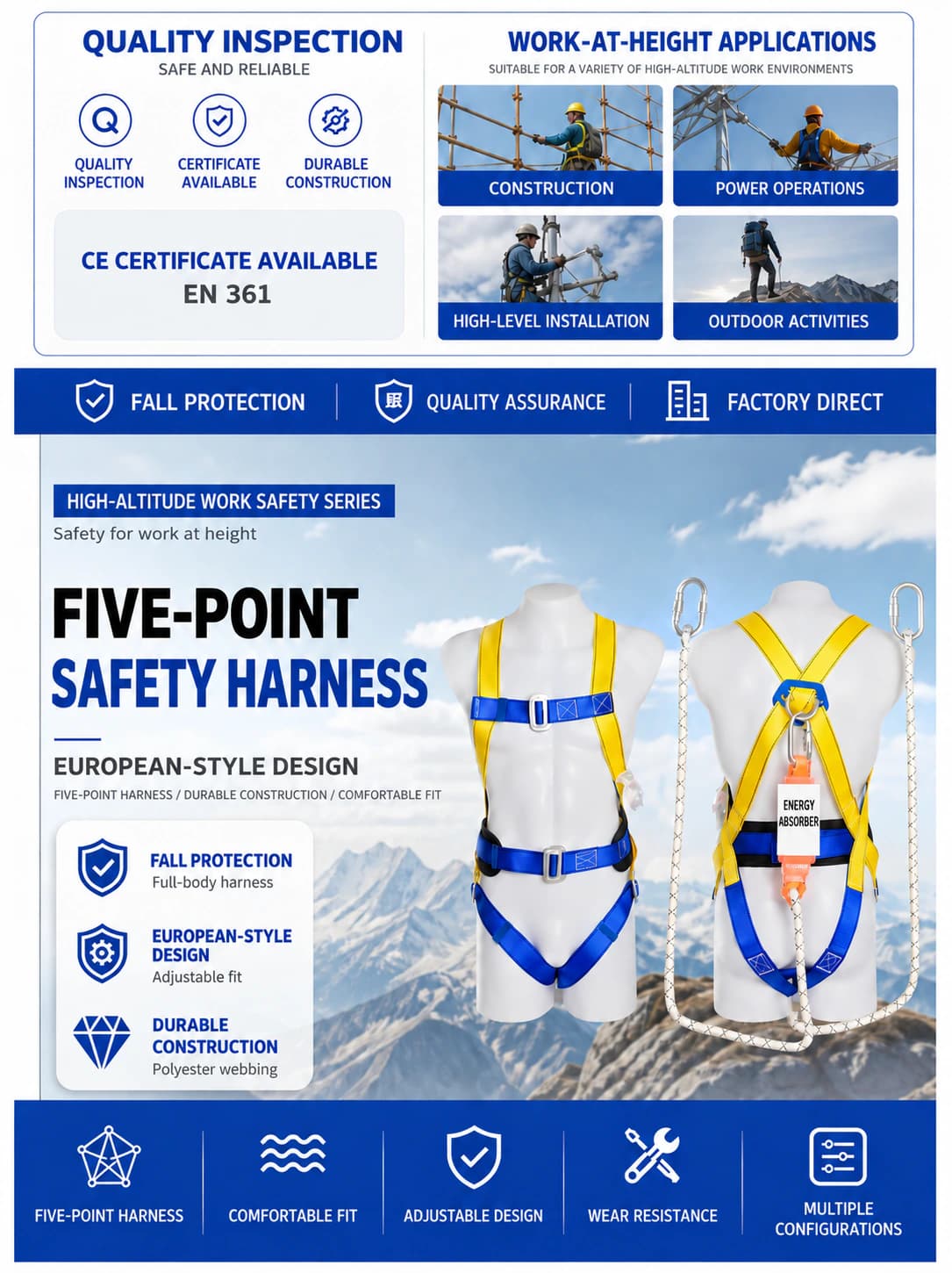Safety harness inspection, CE certificate availability and work-at-height application panels