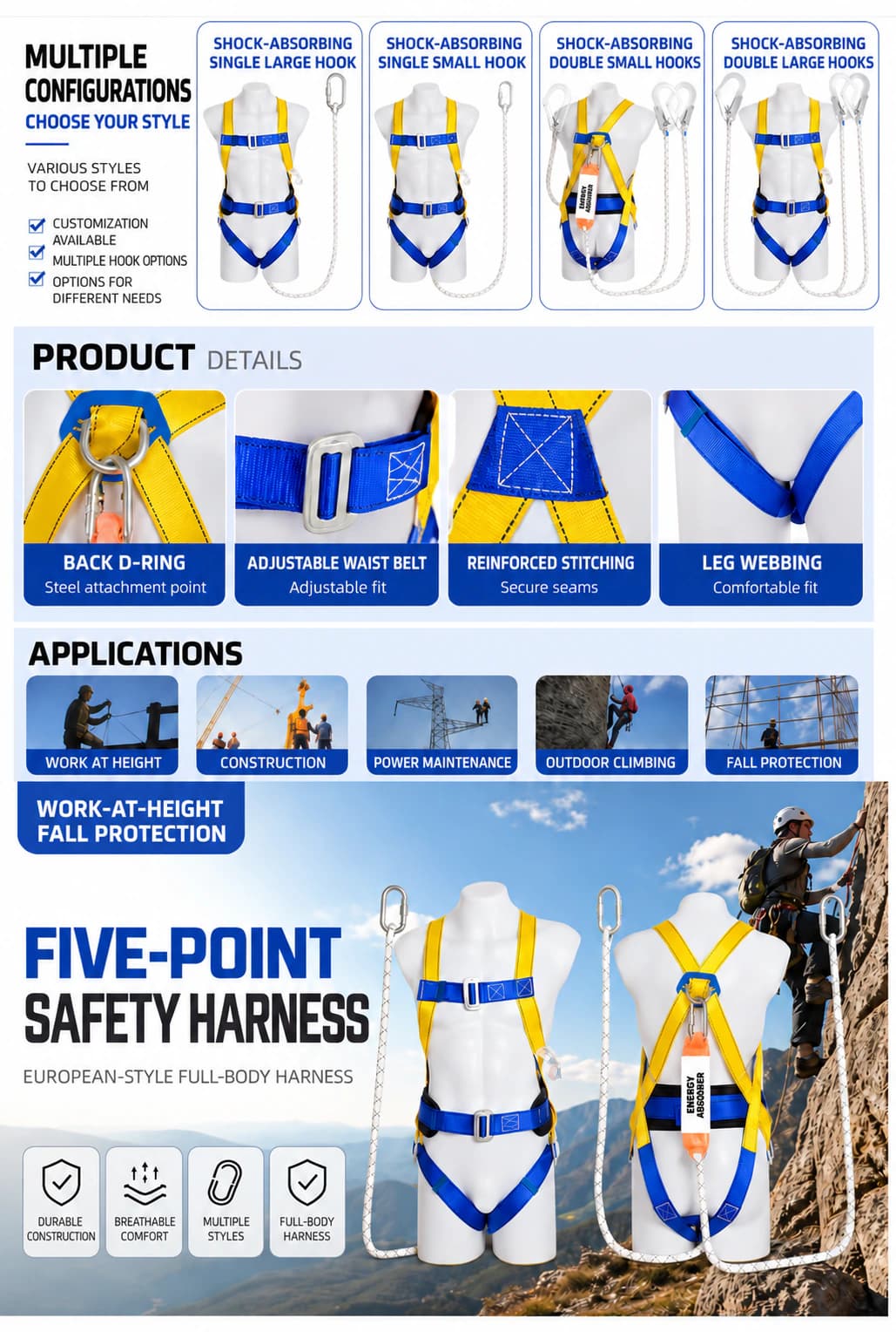 Safety harness configurations, product construction and applications