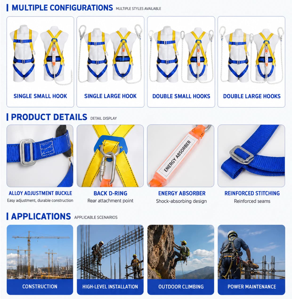 Four safety harness configurations, hardware details and work-at-height applications