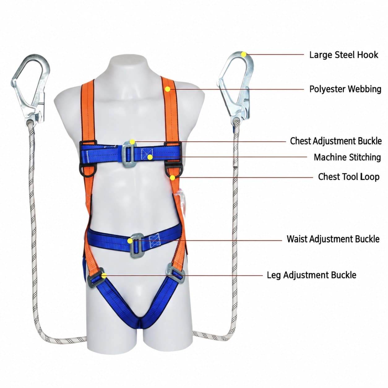 Five-Point Full Body Safety Harness with Shock-Absorbing Twin Large Hooks