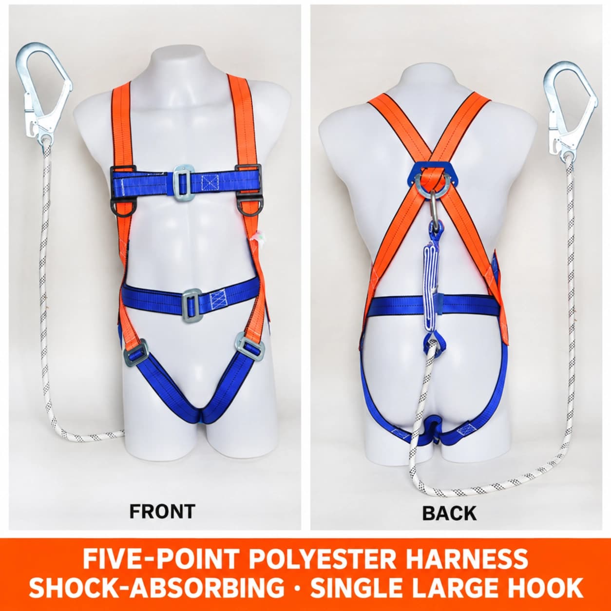 Front and back views of the shock-absorbing single large hook configuration