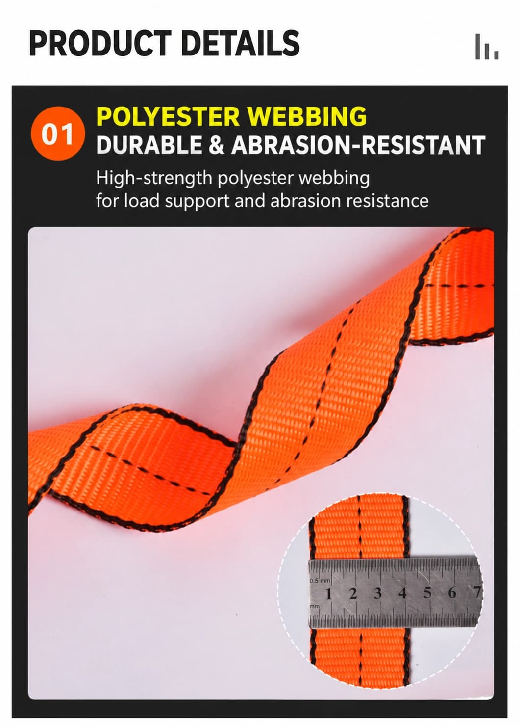 Polyester webbing construction and ruler detail