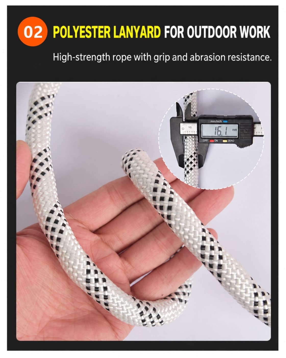 Patterned lanyard rope and caliper reading of 16.1 mm