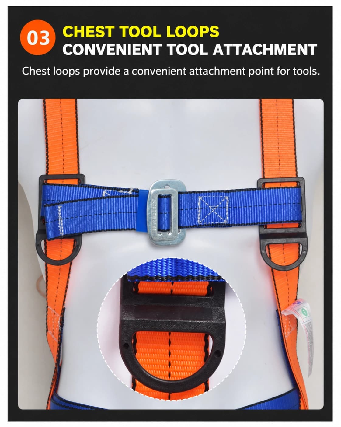 Chest tool loops and adjustment buckle close-up
