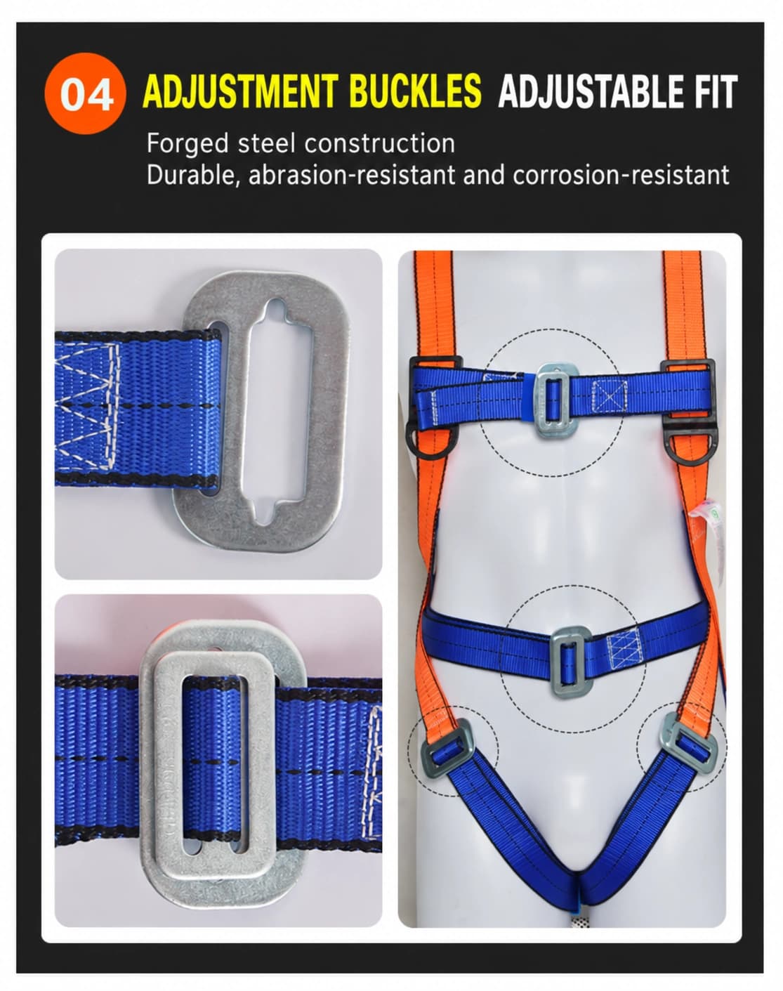 Chest, waist and leg adjustment buckles