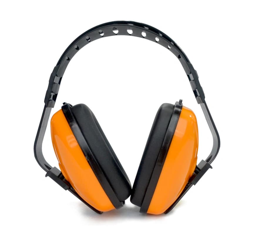Orange protective earmuffs with an adjustable black headband