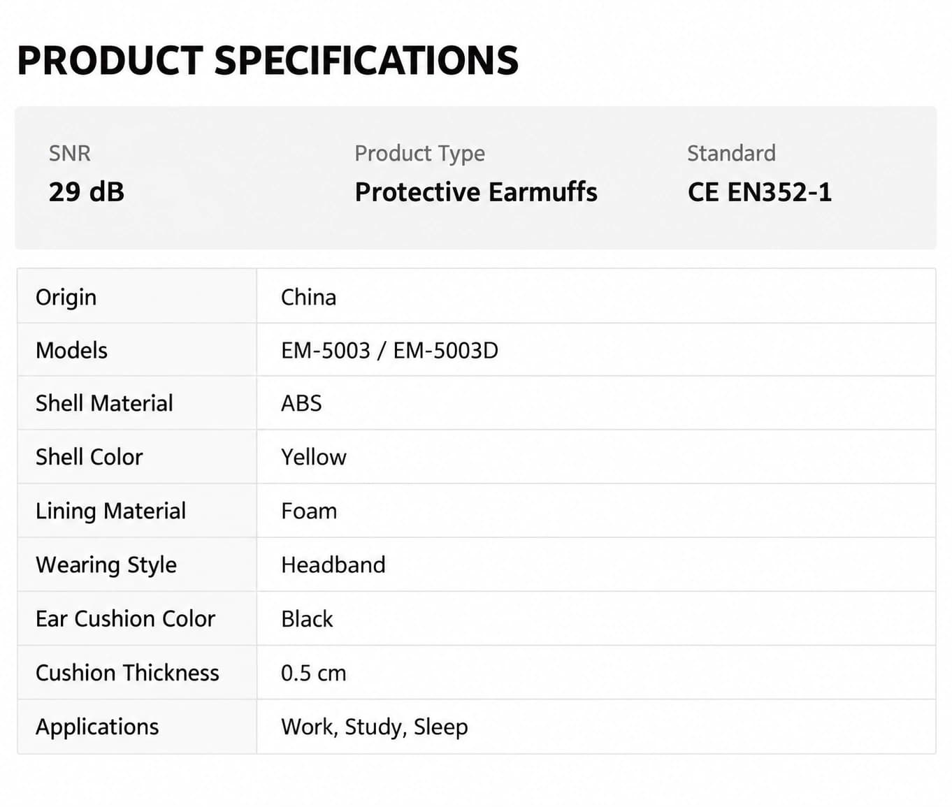 EM-5003 / EM-5003D earmuff specifications: ABS shells, foam lining, SNR 29 dB and CE EN352-1
