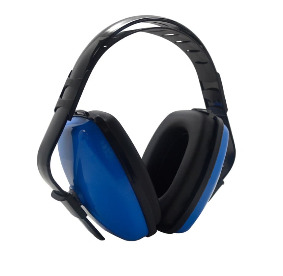 Blue protective earmuffs showing the headband and ear cup assembly