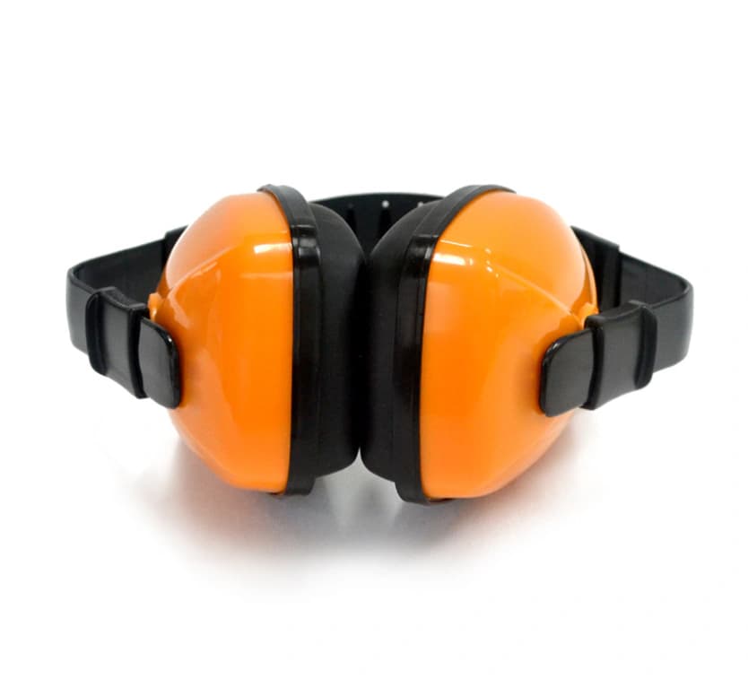 Orange protective earmuffs in the folded position