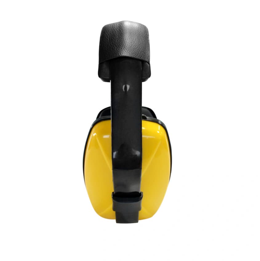 Yellow protective earmuffs and padded headband in side view