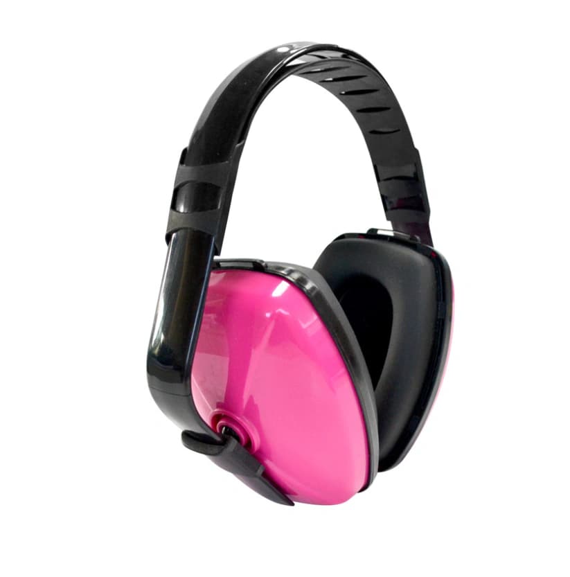 Pink protective earmuffs in side view