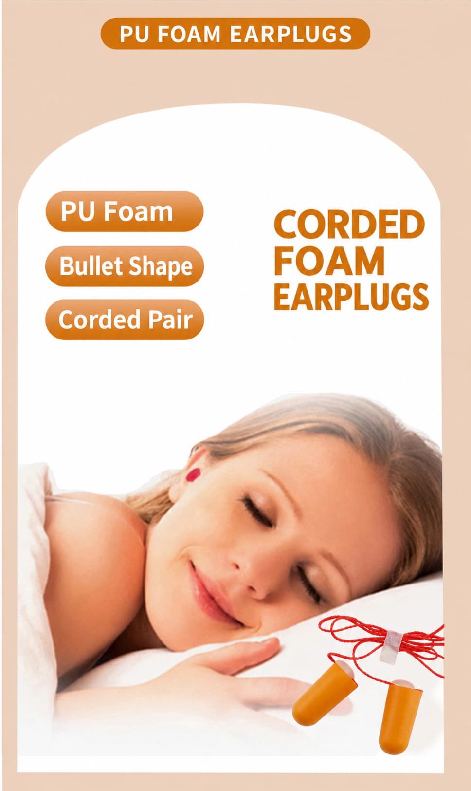 Corded PU foam earplugs with a sleeping scene