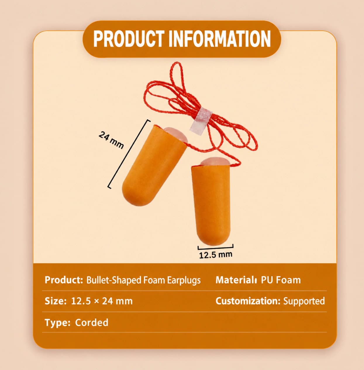 Corded foam earplug dimensions: 12.5 mm diameter and 24 mm length