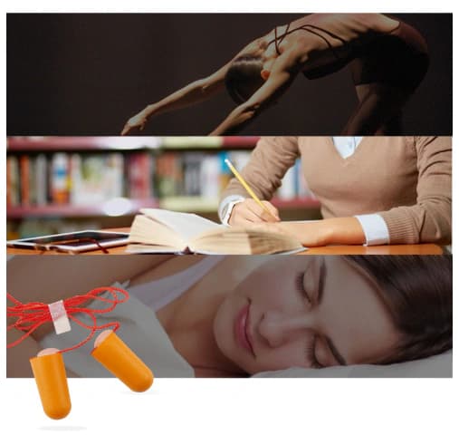 Rest and study scenes with corded orange earplugs