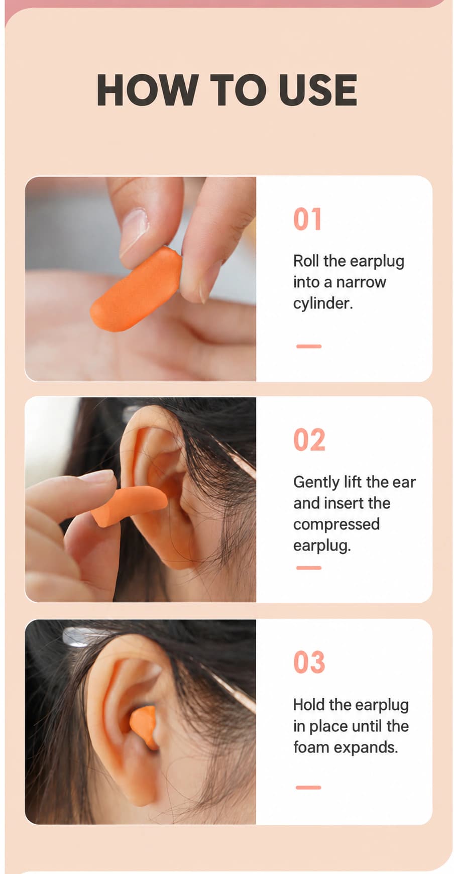 Earplug wearing instructions: roll, insert and hold