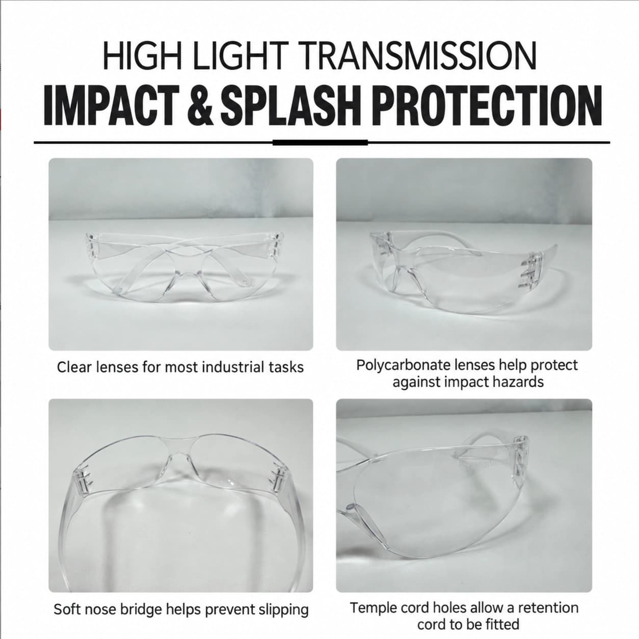 Safety glasses lens, nose bridge and temple cord hole details