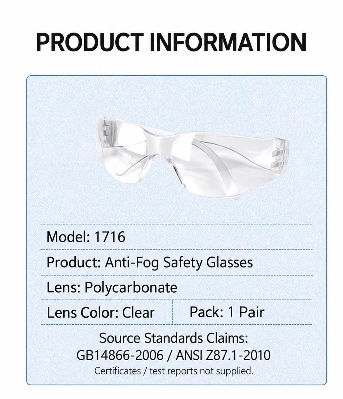 Safety glasses lens material, color, pack quantity and declared standards