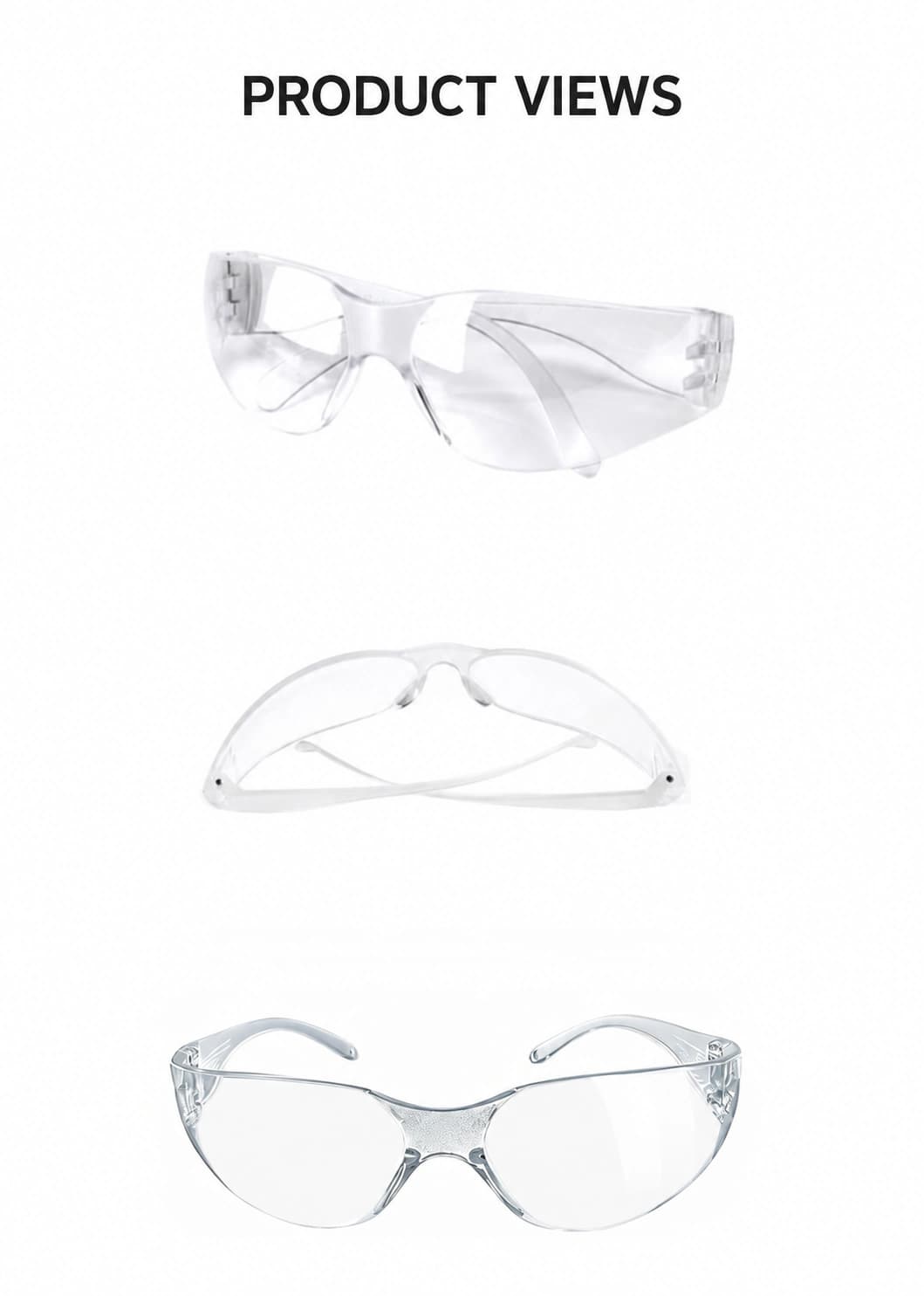 Clear safety glasses shown from three angles