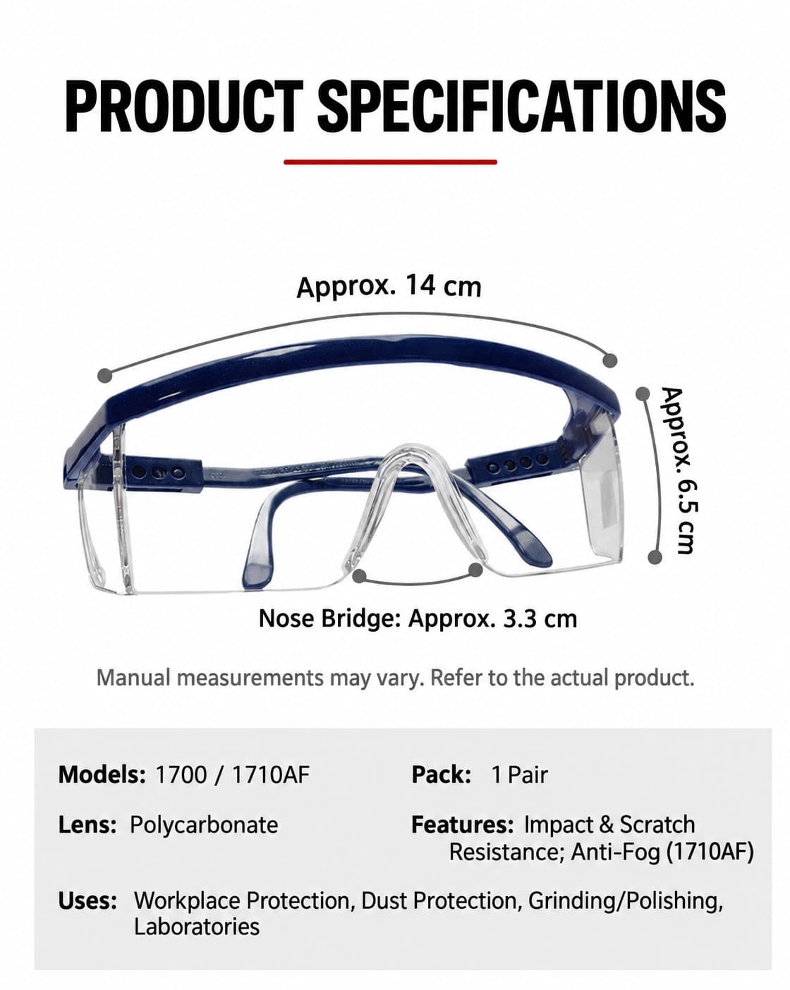 Safety glasses dimensions and product parameters