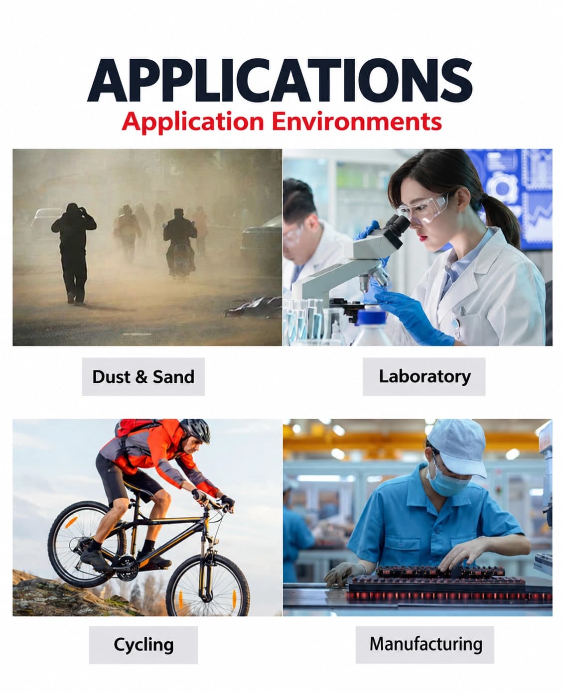 Dust and sand, laboratory, cycling and manufacturing applications