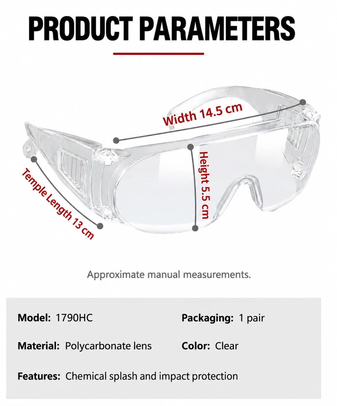 1790HC safety glasses dimensions and product parameters