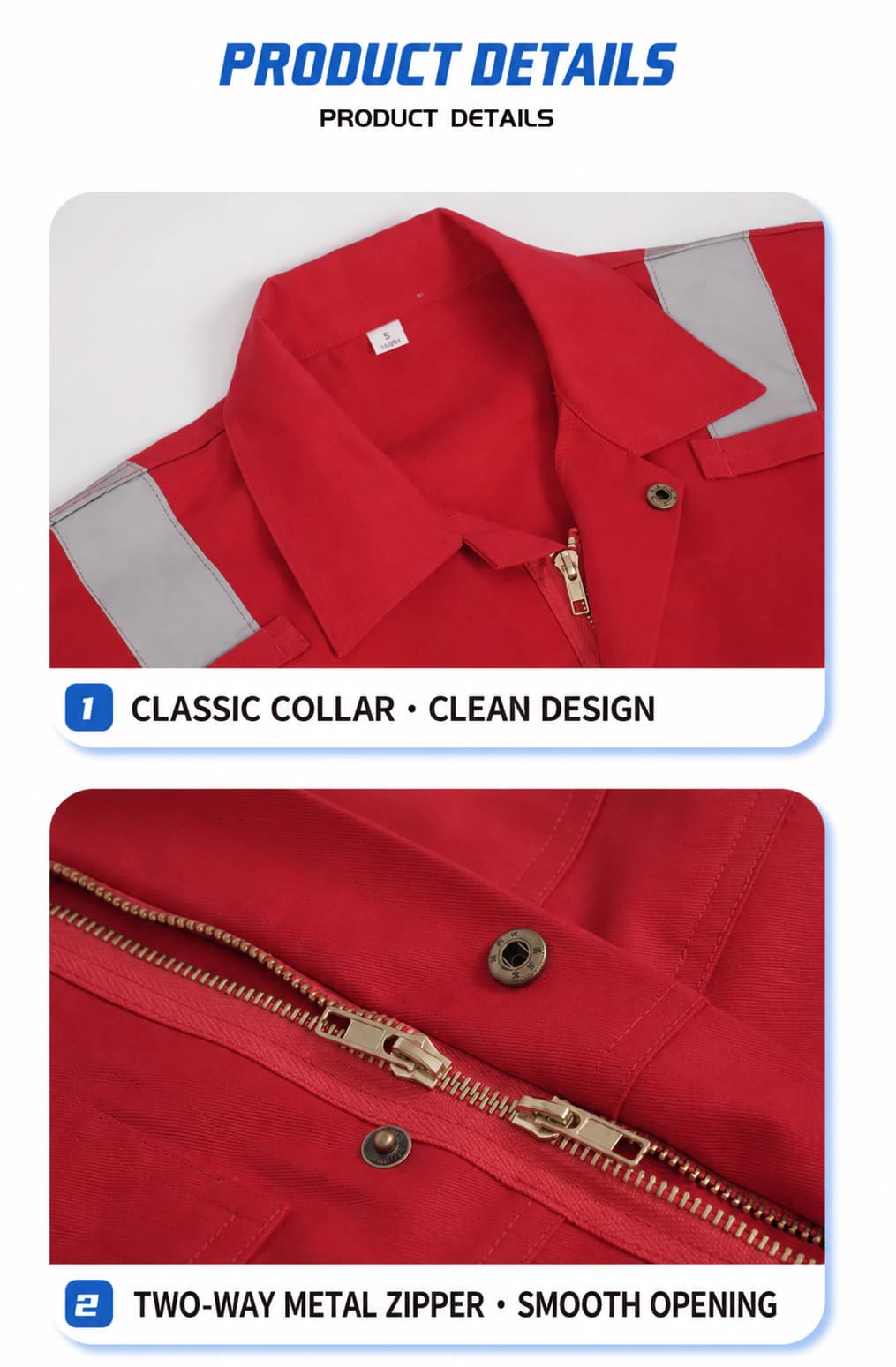 Turn-down collar and two-way metal zipper details