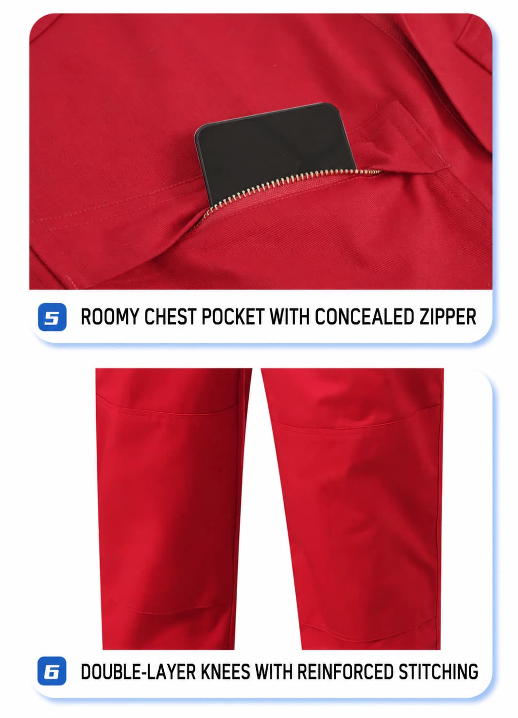 Concealed chest pocket zipper and reinforced knee details