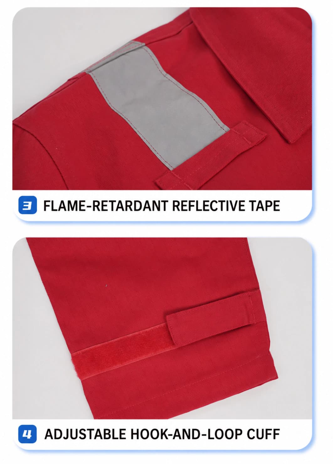Reflective shoulder trim and hook-and-loop cuff details