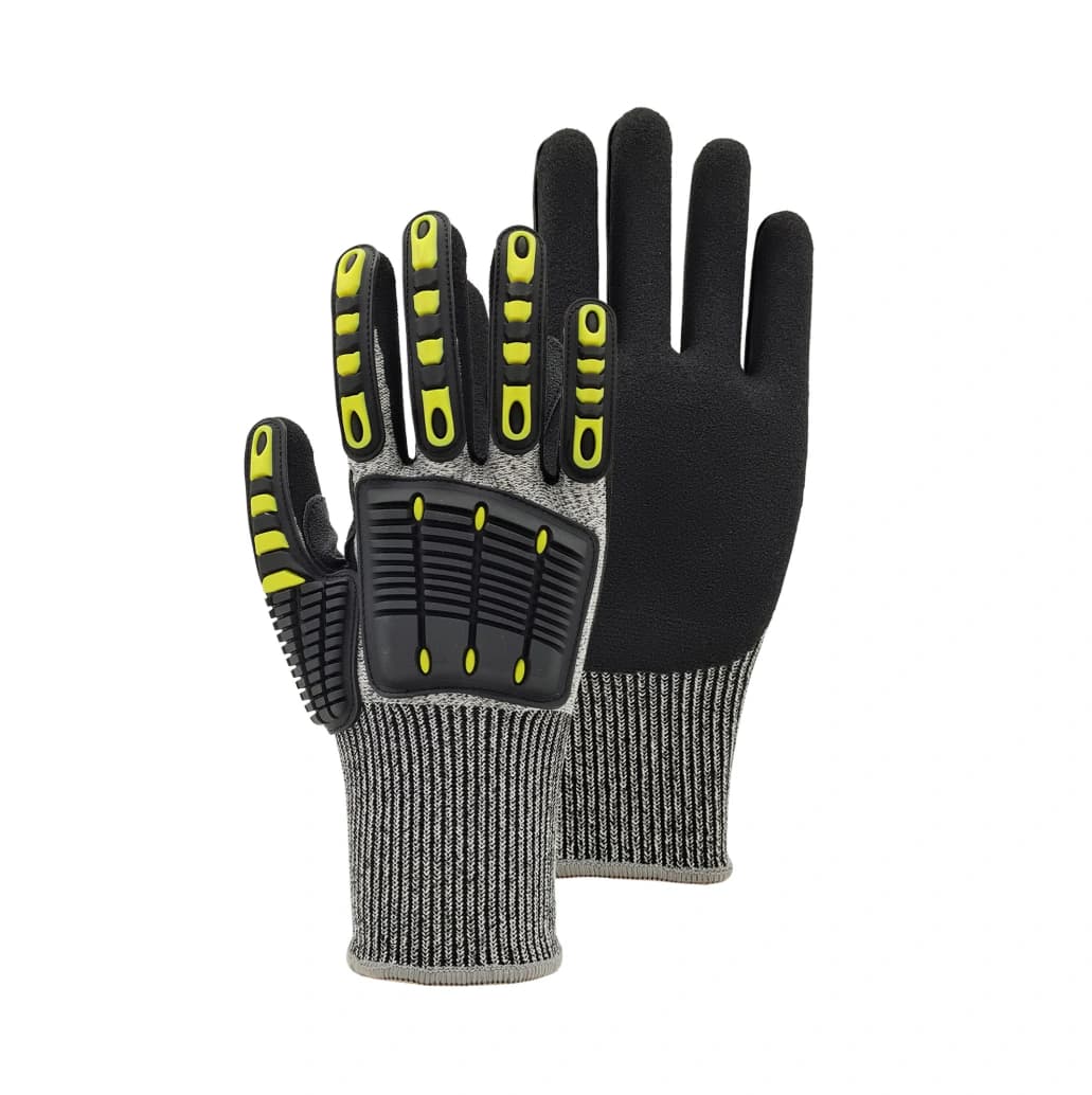 Pair of TPR back-protection gloves showing the nitrile-coated palm