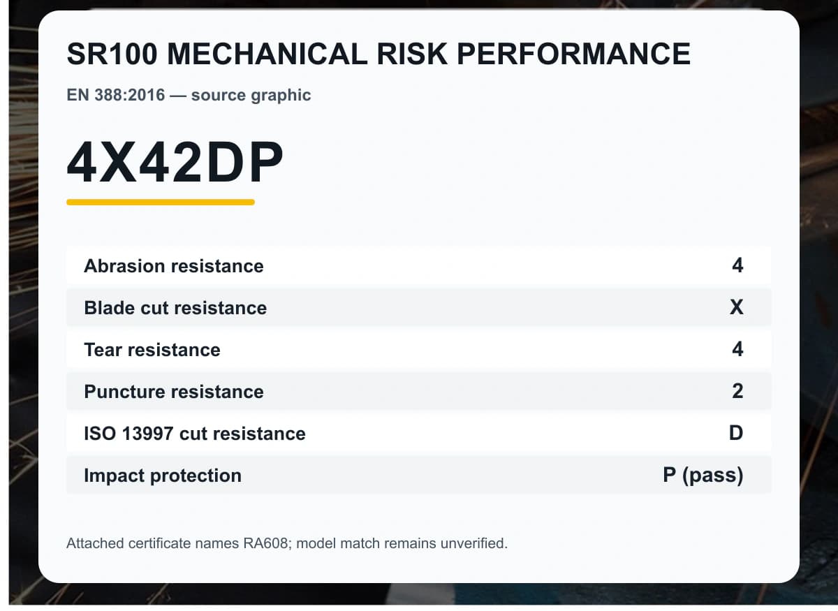 Source SR100 EN 388 graphic showing 4X42DP, with certificate model-match warning