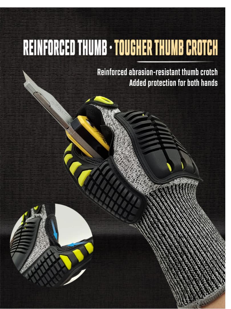 Reinforced thumb crotch detail of TPR impact protection glove