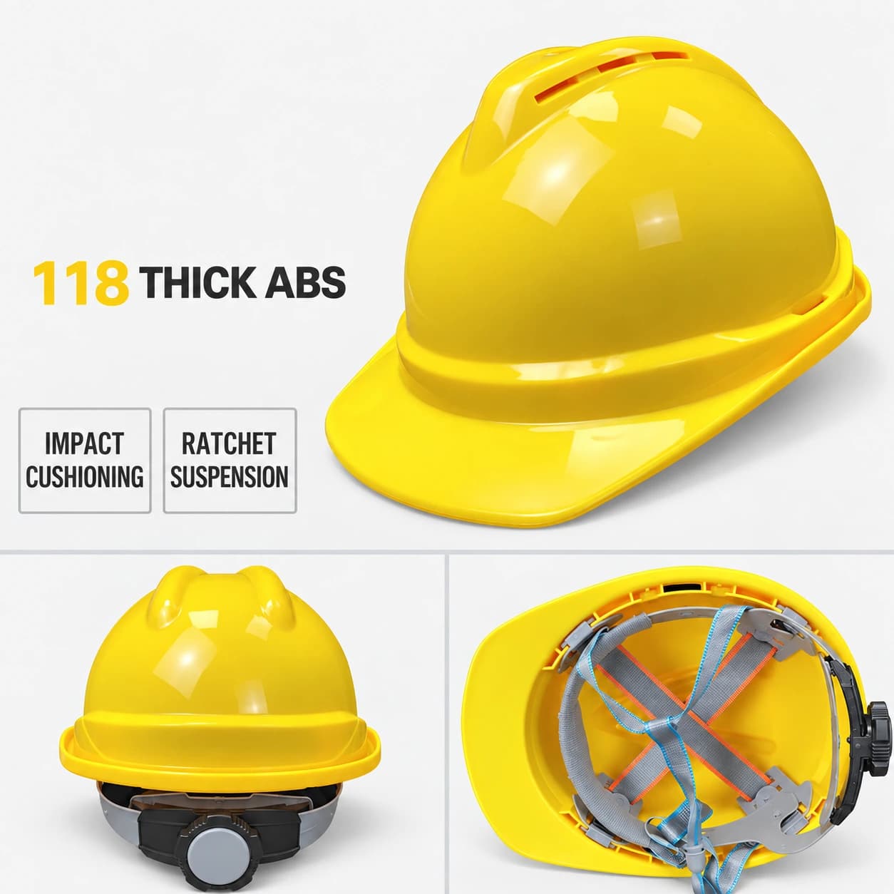 Yellow vented safety helmet, exterior and ratchet suspension views