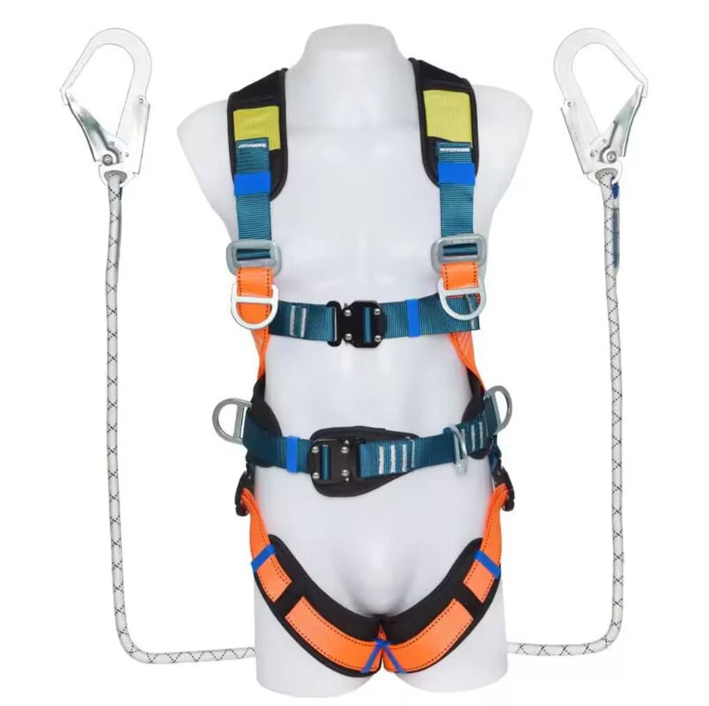 Emerald green and orange quick-release full body safety harness with twin large hooks
